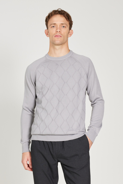 ALTINYILDIZ CLASSICS Gray Melange Wool Standard Fit Regular Cut Crew Neck Jac...