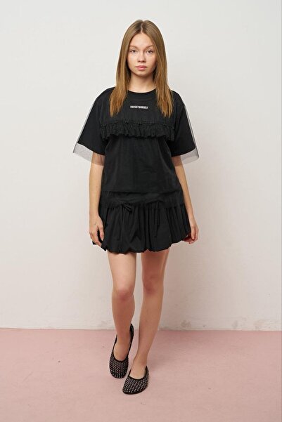 LOCO LOCO Girl's Single Jersey Tulle Ruffle T-Shirt