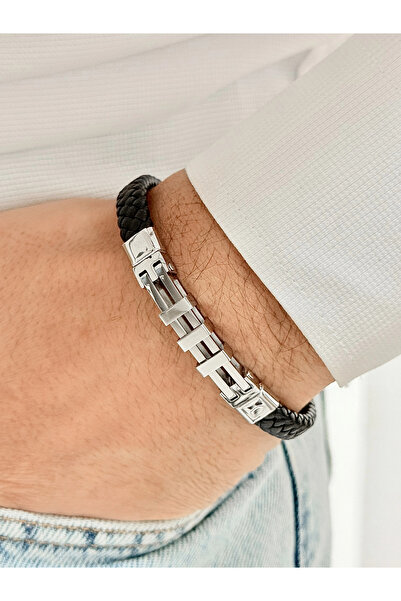 FERRO سوار رجالي من الفضة والصلب والجلد باللونين الفضي والأسود FRJ10150B-A مع...