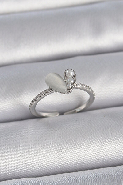 shopwave خاتم نسائي من النحاس الفضي اللون قابل للتعديل مع حجر الزركون واللؤلؤ...