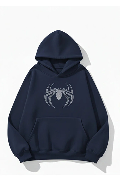 Ahsenbutik Unisex Spider Stone Printed Sweatshirt Navy Blue