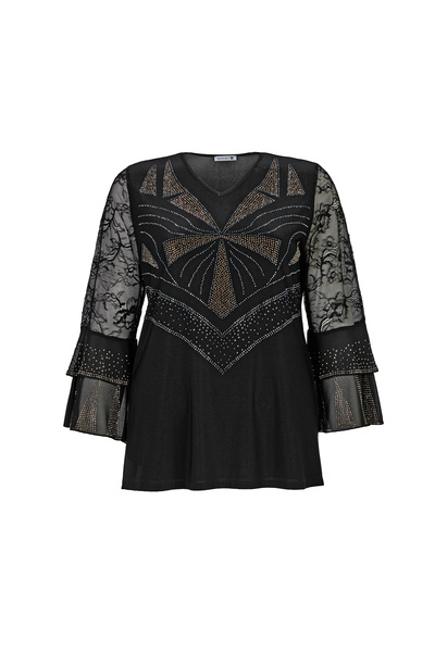 MİYORO Plus Size Rhinestone Blouse with Lace and Flounce Sleeves