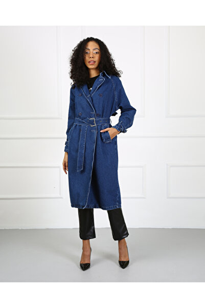 Twister Jeans TRENCH j70-01 Dark Blue Belden Kuşaklı Kadın Denim Trençkot Mavi