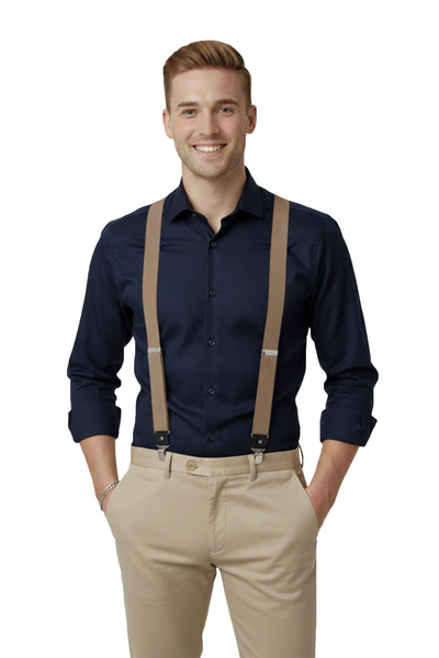 DeepSEA Unisex Beige Leather Stretchable Elastic Adjustable Metal Clip Trouse...