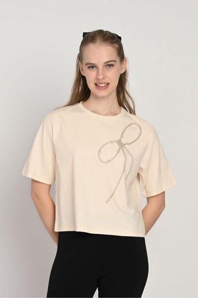 LOCO LOCO Girl's Single Jersey T-Shirt with Bow Embroidery
