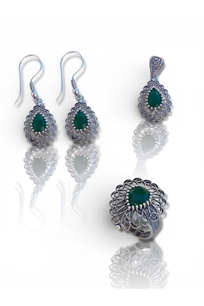 Mardinden El Yapımı Telkari Doğal Taşlı Oksitli Üçlü Takım – Yüzük Küpe Kolye...