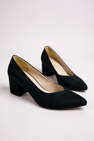 Modayak Elegant Black Suede Square Heel Pointed Toe Heel Shoes