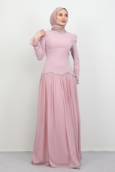 GİYZAMİLA Eftalya Sırt Detay Abiye Soft Pembe