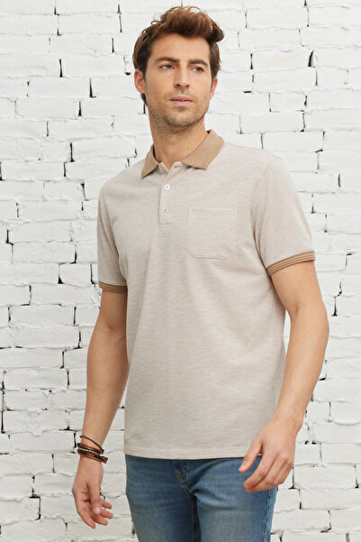 ALTINYILDIZ CLASSICS Beige-White Comfort Fit Relaxed Cut Polo Neck Cotton Poc...