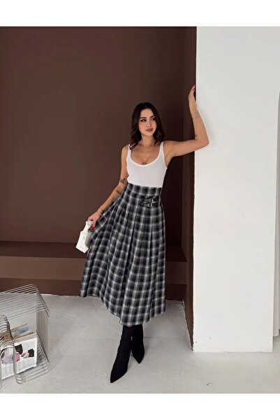 QBZ KEMER DETAYLI PİLELİ EKOSE KLOŞ ETEK