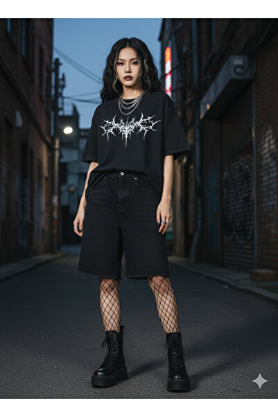 Agolady Unisex Black Oversized Gothic Cyber-Sigilism Back Printed Crew Neck T...