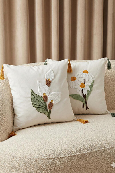 BUGİ HOME COLLECTİON Double Square Punch Embroidery Floral Themed Embroidered...