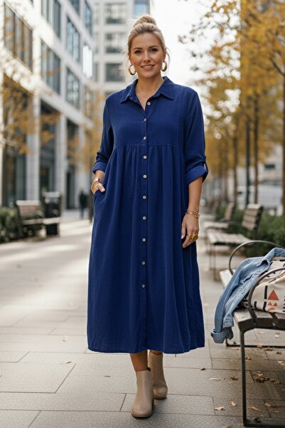 Chiccy Italian Blue Shirt Collar Buttoned Long Sleeve Casual Velvet Woven Dre...