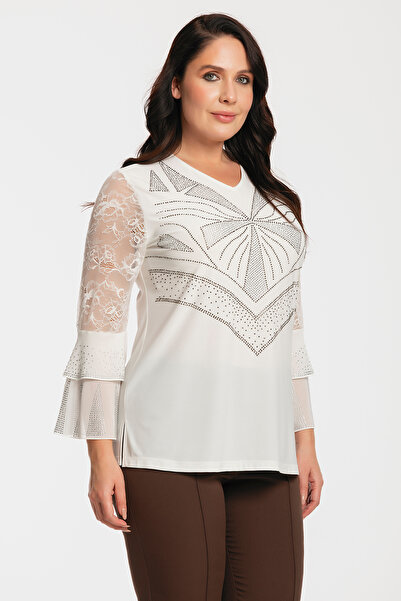 MİYORO Plus Size Rhinestone Blouse with Lace and Flounce Sleeves