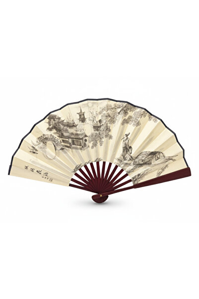 pivok Bambu Yelpaze Krem Manzara Desenli Katlanır El Yelpazesi Köprü Pagoda H...