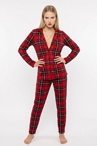 Rays 3414 Square Pattern Buttoned Pajama Set Red
