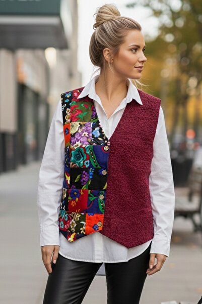 Chiccy Burgundy V-Neck Sleeveless Patchwork Printed Button Casual Woven Vest ...