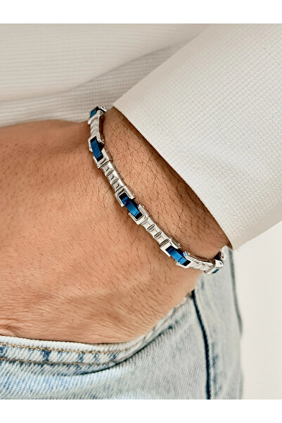 FERRO Gümüş ve Lacivert Çelik Erkek Bileklik FRJ10143A-L 2 Yıl Garantili Hedi...