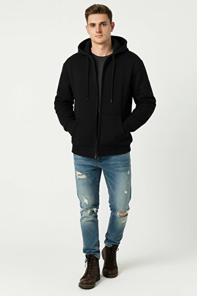 assef Men's Cotton Fleece-Lined Hooded Slim Fit Double Pocket Fleece Jacket C...