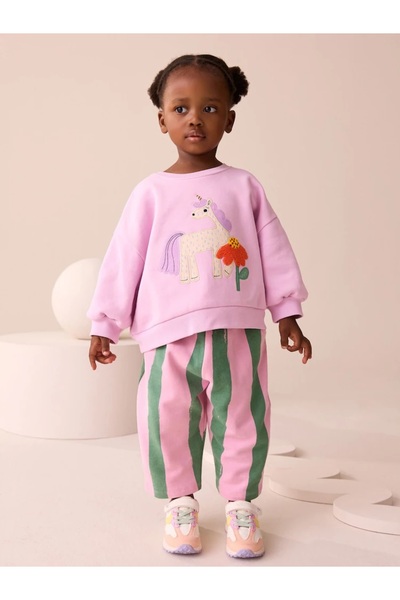 Next Baby Pembe Çizgili Tek Boynuzlu At Sweatshirt ve Bol Paçalı Eşofman Altı...