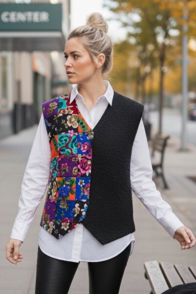 Chiccy Black V-Neck Sleeveless Patchwork Printed Button Casual Woven Vest 65 58