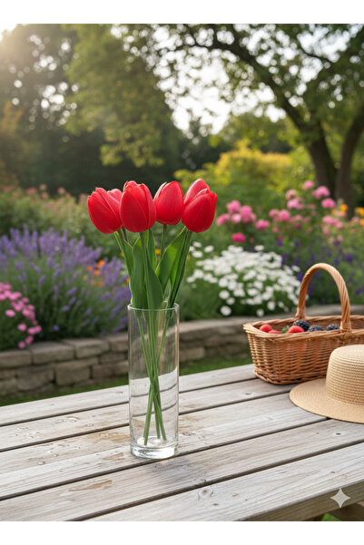 BAKBURAYA YAPAY ÇİÇEKÇİLİK 8-Piece Red Artificial Wet Tulip Home Vase Decoration