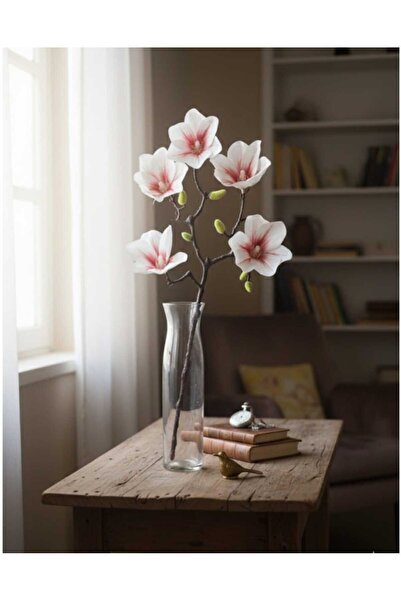 ENRUFLORA Yapay Manolya Beyaz Kırmızı Esintili 5 Kafalı Tek Dal Manolya Ev De...