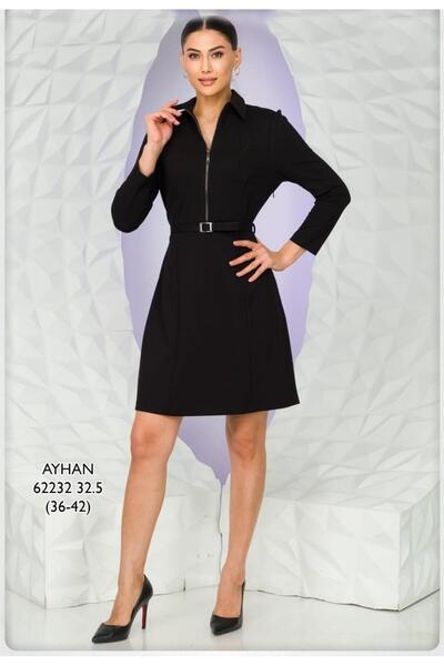 AYHAN 62232 Yaka Fermuarlı Kemerli Kısa Kendinden Desenli Elbise