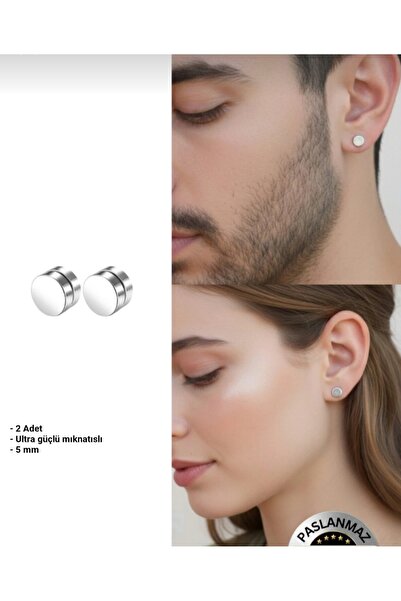 TakıConcept Mıknatıslı Gri Düz Yuvarlak Kadın Erkek Unisex Küpe 5mm 2 Adet