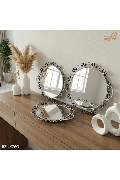 Hinora Siyah Taşlı Aynalı Şık Dekoratif Sunumluk Yuvarlak 3Lü Tepsi Seti 32-3...