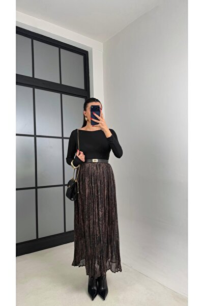 Gaus Kahve Desenli Beli Lastikli Yarım Astarlı Şifon Etek GAUS-00923