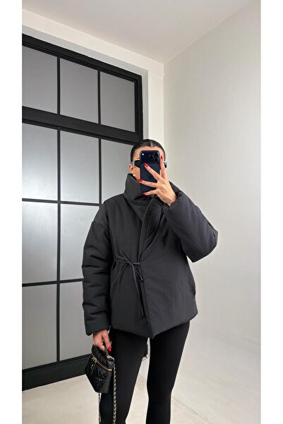 Gaus Siyah Astarlı Bağlama Detaylı Şişme Mont GAUS-01011