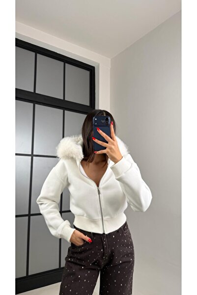 Gaus Beyaz Kürk Yakalı Şardonlu Premium Sweatshirt GAUS-00959