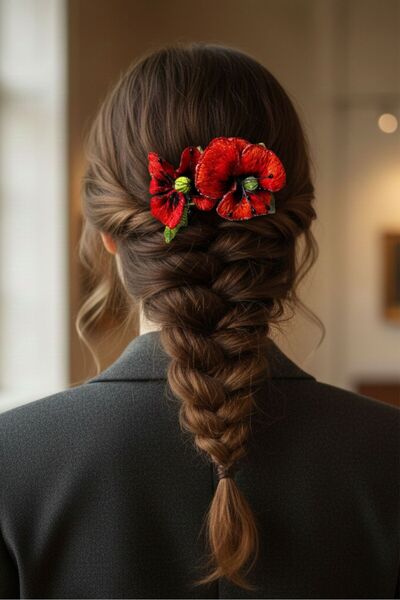 Uretti - Tülin 3528 0528 Handmade Stumpwork Embroidered 3D Poppy Brooch and H...