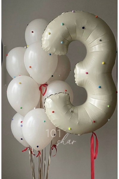 Çemrek Süs Parti Beige 3 Year Old Foil Balloon Set with Colorful Pompoms