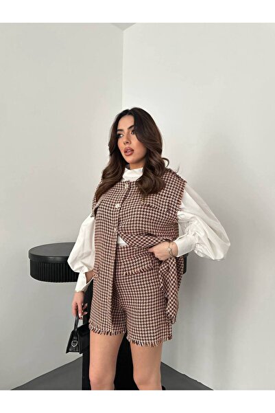 Lady Pixie Brown Houndstooth Patterned Vest and Shorts Set
