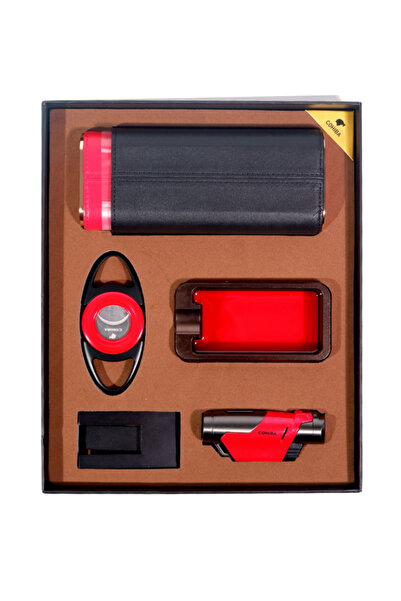 COHİBA Çakmak Kesici Küllük Kılıf Sehpa Beşli Kırmızı - Siyah Puro Seti