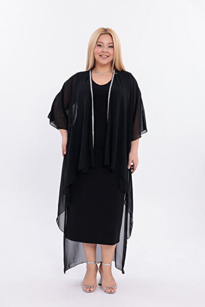 IŞILTI Stylish Modern Suit Stone Edged Asymmetrical Chiffon Cardigan V-Neck S...