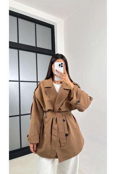Gaus Camel Astarlı Cep Detaylı Kuşaklı Kısa Trençkot GAUS-00192