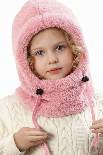 Leiste Kids-Wig Çocuk Kapşonlu Peluş Bere Atkı Polar Welsoft Boyunluk Şalı Rüzgar Geçirmez Şapka