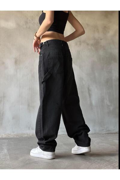 LAMİRA Alley Black Epaulettes Side Buckle High Waist Street Style Trend Jeans Black Jean