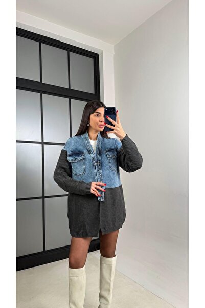 Gaus Antrasit Denim Detaylı Triko Hırka GAUS-01002