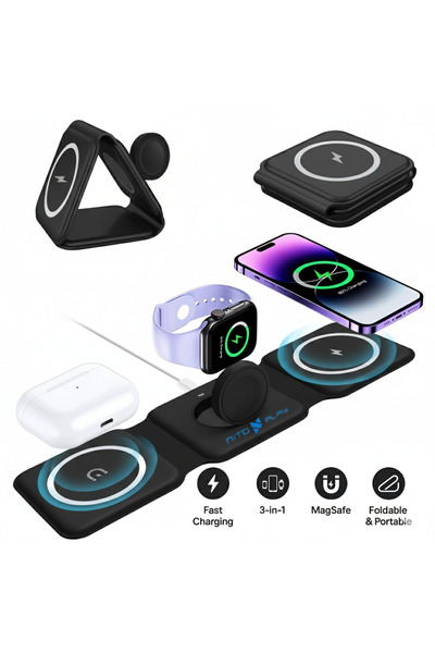 NITOPLAY Incarcator Wireless Nitoplay® KS30 Negru, 3 in 1 Telefon, Ceas, Cast...