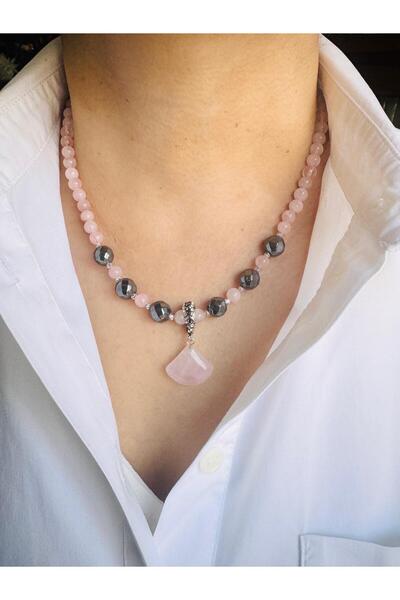 DEVİ fashion Pink Quartz and Hematite Natural Stone Skirt Necklace 47 cm