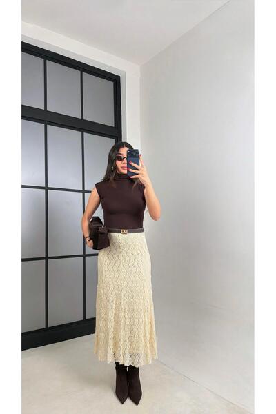 Gaus Ekru Beli Lastikli Astarlı Dantel Etek GAUS-00930