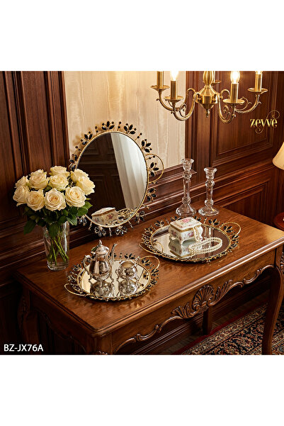 Hinora Siyah Taşlı Aynalı Şık Dekoratif Sunumluk Yuvarlak 3Lü Tepsi Seti 32-3...