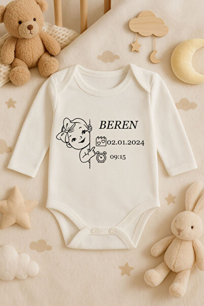 MODA Personalized Date and Time B Printed Cotton Long Sleeve Newborn Baby Ecr...