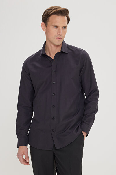 ALTINYILDIZ CLASSICS Black Slim Fit Slim Fit Buttoned Collar Linen Look 100% ...