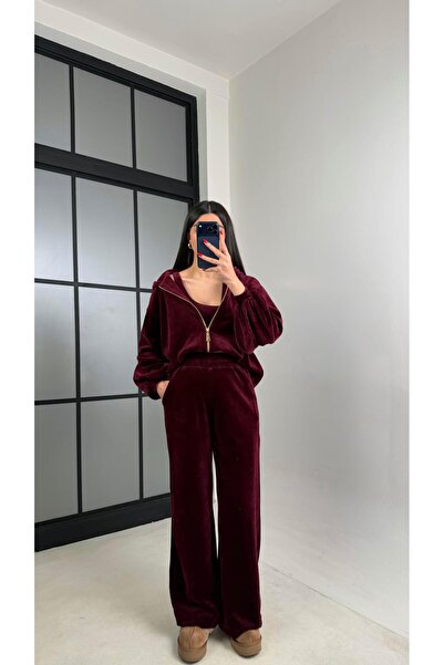 Gaus Mürdüm Kapüşonlu Hırka Crop Beli Lastikli Pantolon 3'lü Kadife Takım GAU...
