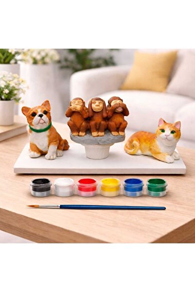 ABCPANO Boyanabilir Dekor Biblo Seti – 3 Maymun+Kedi+Köpek+Stand+Boya+Fırça- ...